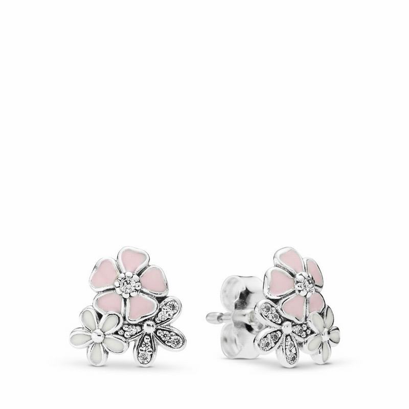 Pandora Poetic Blooms Stud Earrings Ireland - Sterling Silver/Enamel/Pink/Cubic Zirconia - 908154MCE